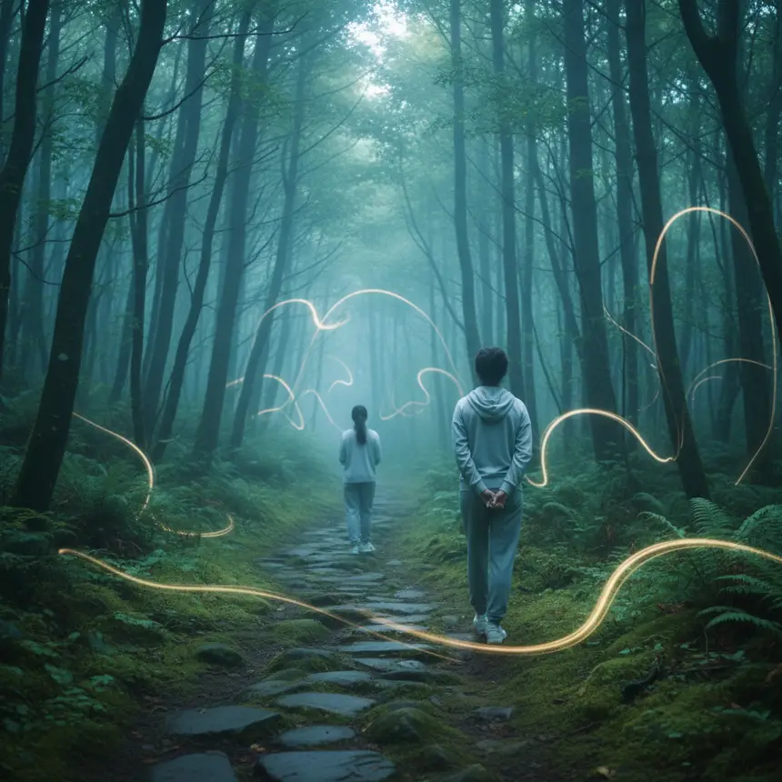 Serene forest path with flowing light
