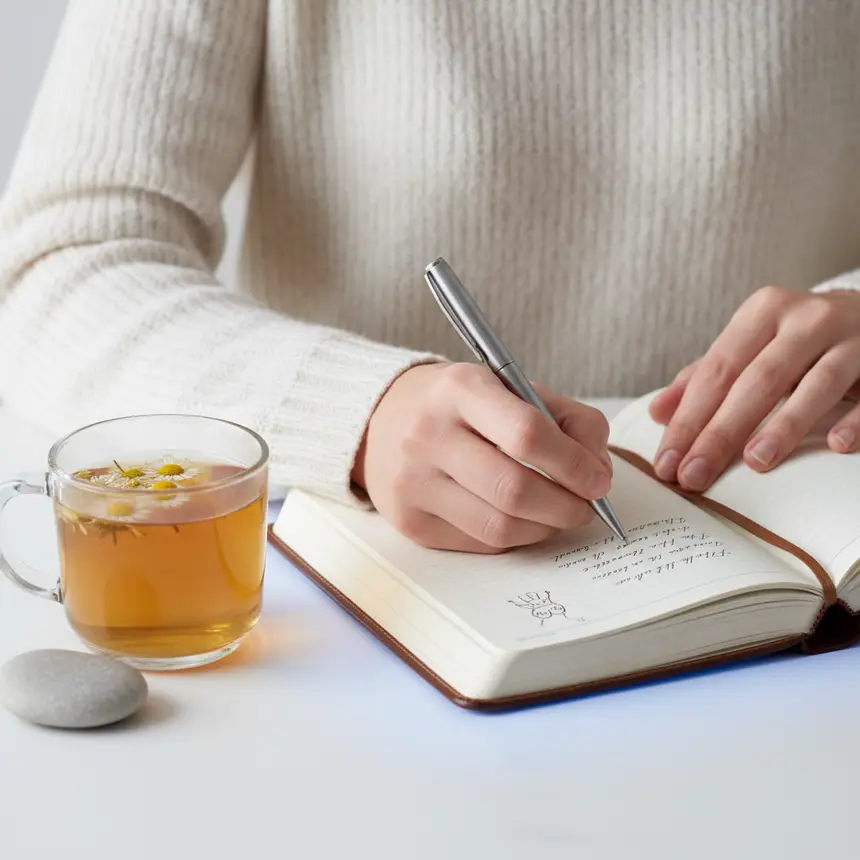 Hands writing in a journal with tea