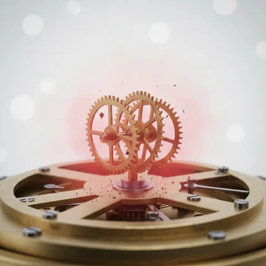 Emotional blockage, intricate clock gears, stuck movement