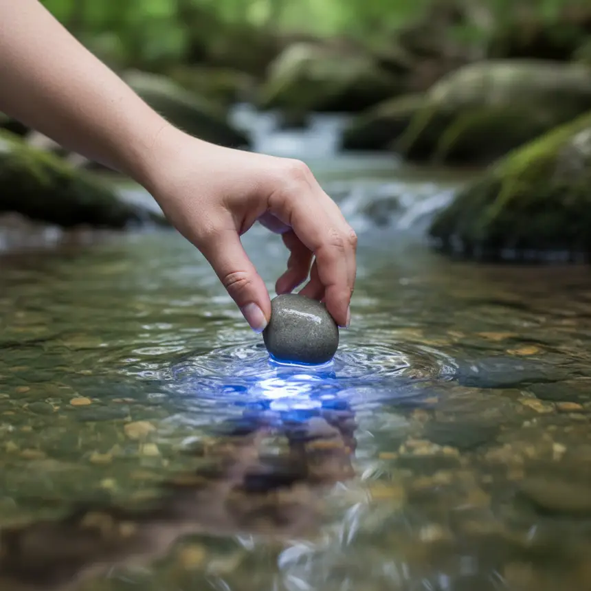 Emotional management, placing stone in flowing water, gentle ripples